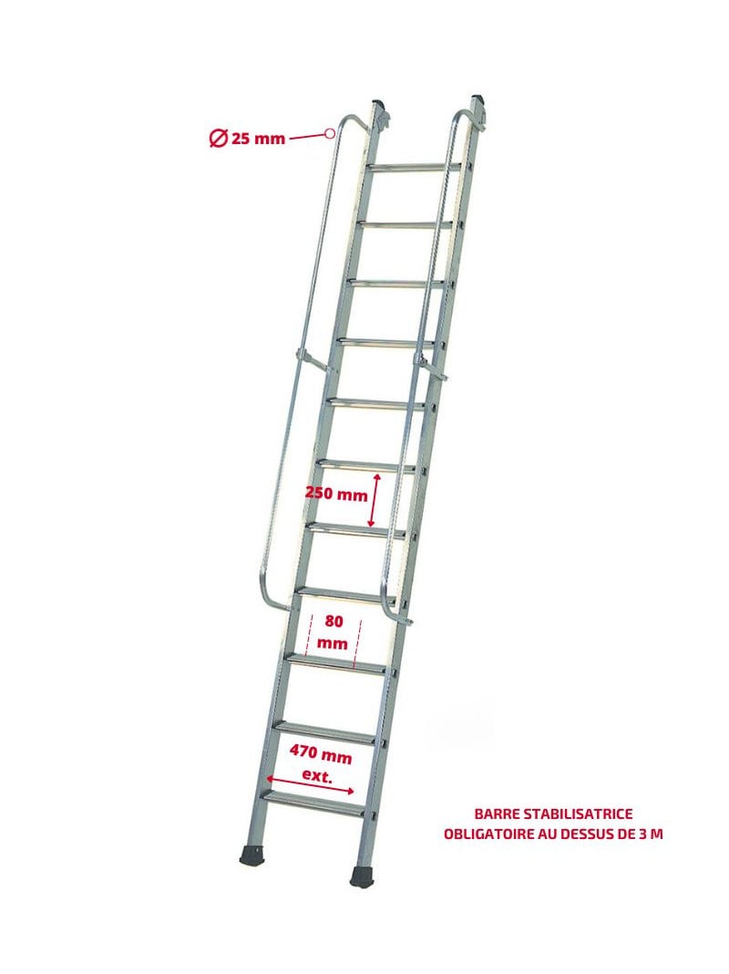 Échelle de meunier aluminium Confort – 68° – avec 2 rampes et crochets