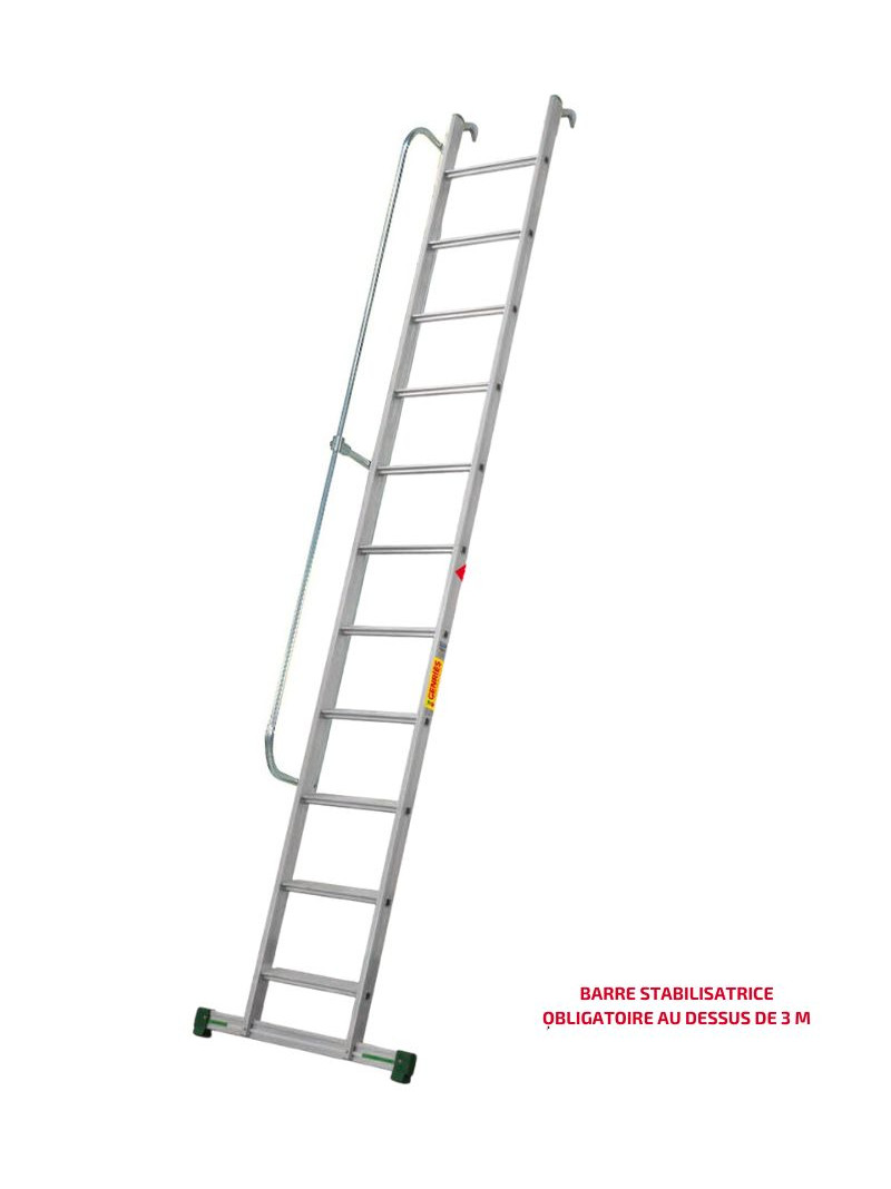 Échelle de Meunier Aluminium Prima Inclinaison 68° Avec Crochets + 1 Rampe avec barre stabilisatrice