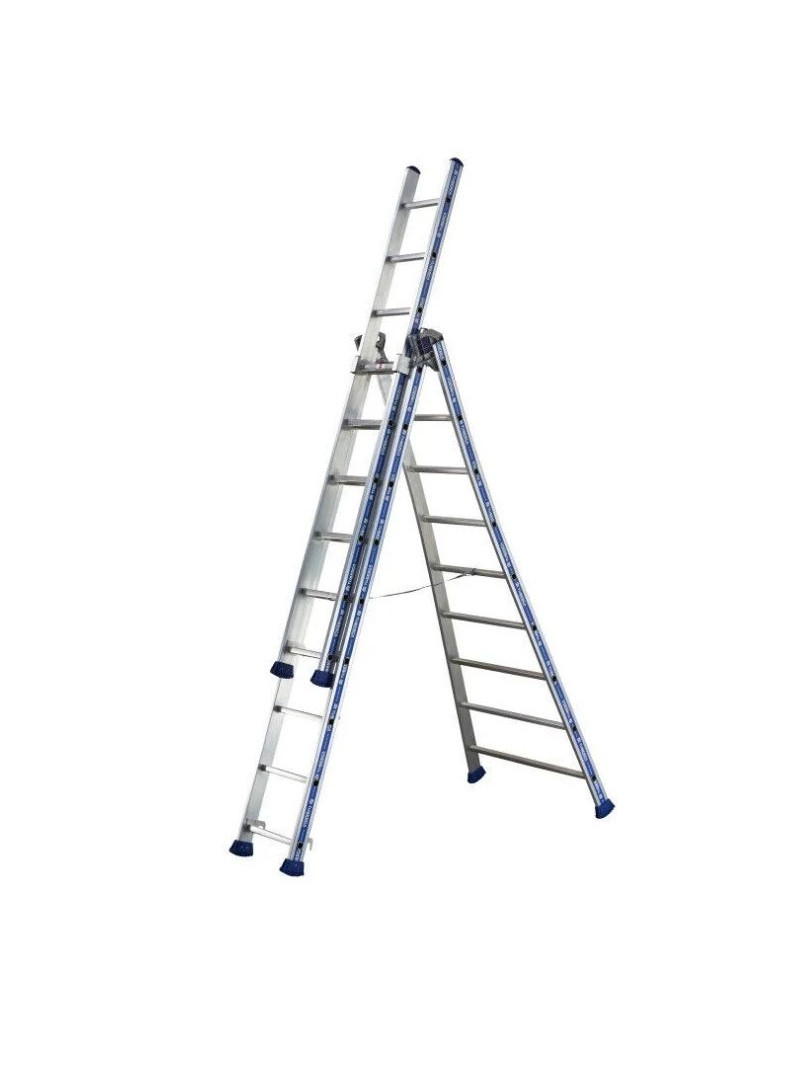 Échelle Transformable 3 Plans Aluminium Platinium TUBESCA 9 échelons sur fond blanc